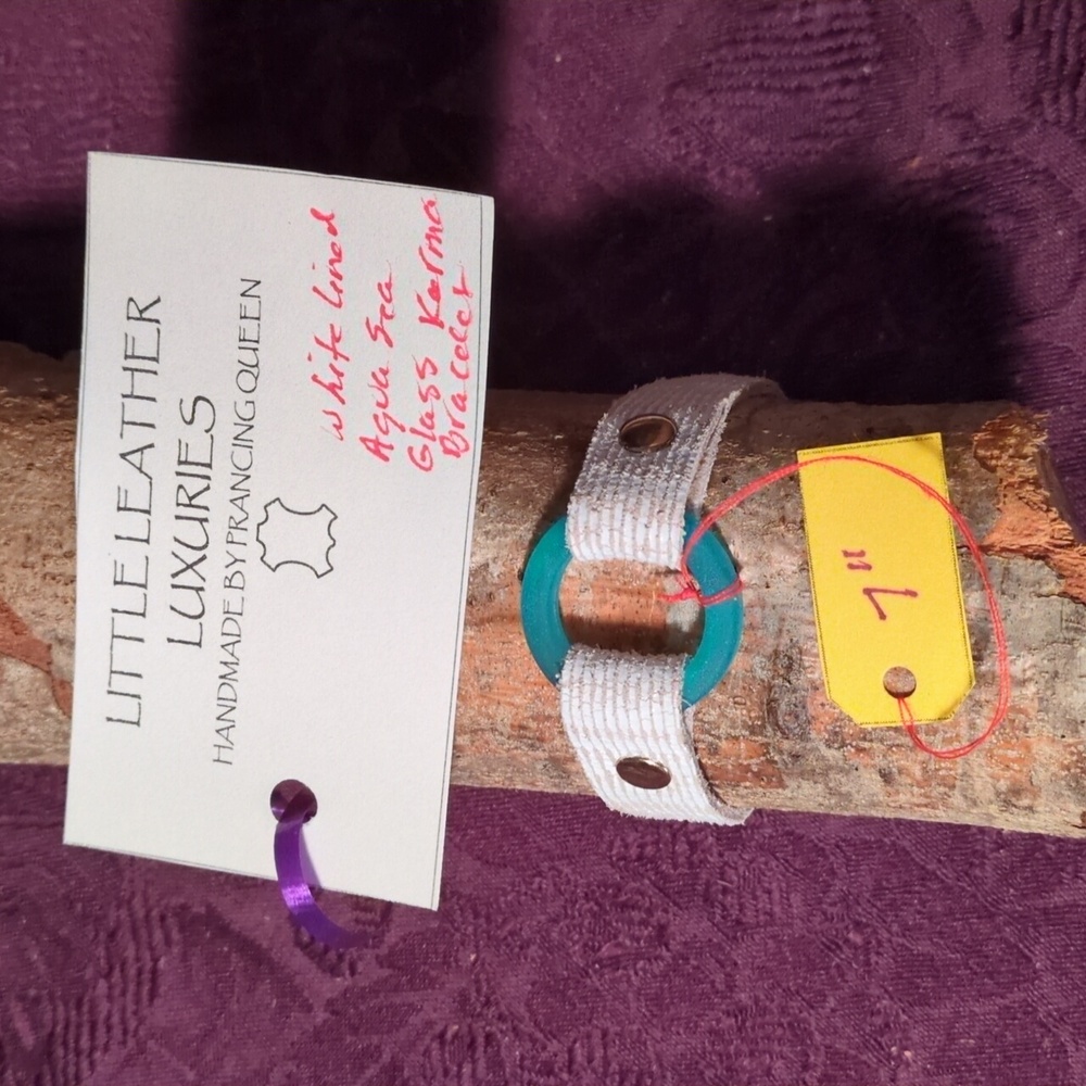 Handmade Genuine Leather Karma Circle Bracelet Aqua Sea Glass Gold